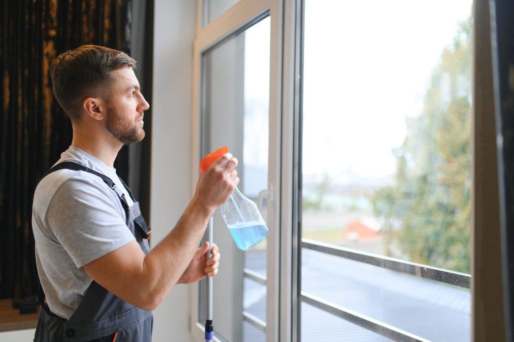 Male professional cleaning service worker in overalls cleans the windows and shop windows