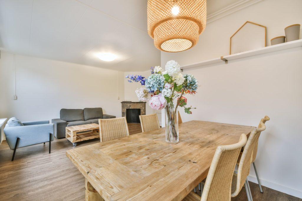 Delightful dining room with a solid wood table